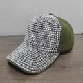 Macro view of thousands of sparkling silver rhinestones on an army green baseball cap - Army Green with Silver Rhinestones