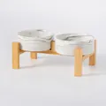 Verhoogde dubbele keramische voerbakken met marmerpatroon en bamboe standaard - Klein (13CM) / Detachable Double Wood Stand / Marmergrijs