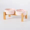 Verhoogde keramische huisdierbakken met roze marmerpatroon en een bamboehouten standaard - Klein (13CM) / Detachable Double Wood Stand / Marmer Roze