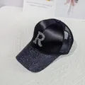 Close-up of rhinestone letter R and glitter brim on women's mesh baseball cap - M (56-58cm) / Black