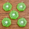 Set of five translucent green kiwi fruit resin charms with silver metal loops for DIY jewelry - Kiwi Fruit 24x27mm 3g / 1 Piece - Double-sided
