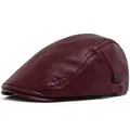 Vintage burgundy PU leather newsboy cap for men with adjustable side buckle strap - Adjustable / Burgundy