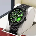 Professional sporty men's black steel watch with green car wheel hub design in a gift box - LT01 Green