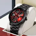 Men's sport watch featuring black steel band and red sports car rim wheel dial - LT01 Red