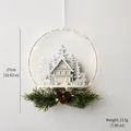 Nordic style white wooden house Christmas wreath hanging decoration with warm LED lights - Snowman Castle / 217g