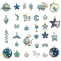 Mixed set of blue and white enamel cartoon alloy charms for DIY handmade jewelry crafting - M479 - Lake Blue With Oil Drops (31 Varieties 1 Piece Per Variety) - 42.3g