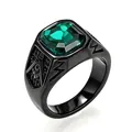 Men's black titanium steel ring featuring a square green gemstone and engraved symbols - Black Base with Green Rhinestone