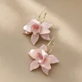 Elegant pink flower petal earrings with gold hoop in a French niche design style. - E2972-3/pink