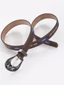 Close-up of bohemian brown leather belt with blue diamond embroidery and ornate silver buckle. - 105cm / Dark Brown