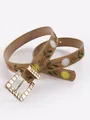 Detailed view of women's bohemian brown belt with floral embroidery and gold buckle - 105cm / Chocolate
