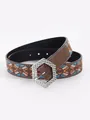 Detail view of a brown embroidered belt with vintage geometric patterns and a silver buckle - 105cm / Caramel color