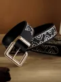 Close-up of a vintage bohemian embroidery belt with a sparkling rhinestone square buckle - 105cm / Black