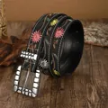 Close-up detail of Bohemian vintage embroidered leather belt with floral patterns and silver buckle - 105cm / Black 1