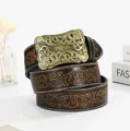 Vintage Western style embossed leather belt with ornate gold-tone metal buckle - Multicolor 1 / 120cm
