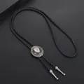 Detailed shot of Western bolo tie featuring a silver cowboy hat slide and black cord. - Silver Leather-look