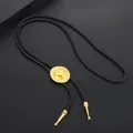 Macro detail of a classic western bolo tie featuring a polished gold-tone cowboy hat charm - Gold Leather Cord