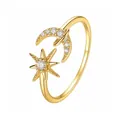 Elegant S925 sterling silver gold-plated open ring with moon and star zirconia design - Adjustable Open / Moon Hexagram Style (K2646) / Gold
