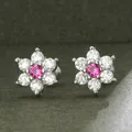 Elegant S925 sterling silver flower stud earrings with pink center stone and white zircons - Style 1 / White Gold