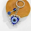 Detailed macro shot of a silver heart-shaped Evil Eye keychain on a wooden base. - Silver Heart Evil Eye Motif (8387)