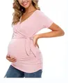 Detailed view of a soft pink wrap V-neck maternity nursing t-shirt for pregnant women - Pink Short Sleeve / S