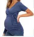 Detail side view of a blue V-neck wrap maternity breastfeeding t-shirt with side tie. - Blue Short Sleeve / S