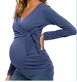 Side view of long-sleeved wrap nursing top with tie detail for maternity wear - Blue / M