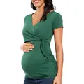 Green maternity V-neck breastfeeding T-shirt with wrap tie and ruched sides for comfort. - S / Tops / Dark Green