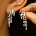 Silver multi-layer chain tassel C-hoop earrings with sparkling rhinestones for women. - Style 6 (6081)