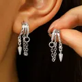 Silver layered chain tassel hoop earrings with sparkling rhinestones and spike charm - Style 7 (2792)