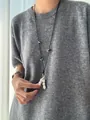 Elegant silver peanut pendant necklace with pearls on black cord, chic sweater chain - 37# Necklace-Silver