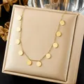 Detail of a gold-plated stainless steel necklace with minimalist round disc pendants. - Simple Multi Round Disk Choker (N4503)