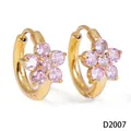 Élégantes boucles d'oreilles créoles fleurs en acier doré avec zircons roses étincelants - Fleur Rose à 5 Pétales (D2007) / Or