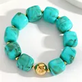 Retro turquoise acrylic square bead bracelet with a marble texture and gold accent - Lake Blue (11260)