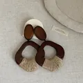 Macro detail of vintage bohemian earrings with dark wood and hand-woven straw texture - Geometric Wrap Style (4#) / Brown