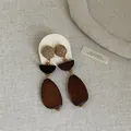 Detailed texture of bohemian retro straw woven and dark wood teardrop earrings - Long Dangle Style (2#) / Brown