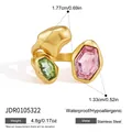 Vergoldeter Edelstahlring mit rosa und grünen Glasedelsteinen besetzt - Rosagrün Geometrischer Glasstil (JDR0105322) / 4.80g