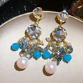 Elegant Bohemian crystal tassel earrings with blue beads and iridescent pearls - Streaming Flower Tassel (52# 925 Sterling Silver Earring Post-Gold) / Blue