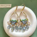 Vintage bohemian drop oorbellen met blauwe kristallen franjes en goudkleurige strass - Oorhaakje (59#)