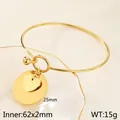 Gold stainless steel heart and circle charm bangle bracelet with 62mm inner diameter - Heart Round Disc (KB61120-Z) / Gold