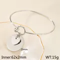 Stainless steel heart and disc charm bangle bracelet with 25mm pendant silver finish - Heart Round Disc (KB188323-Z) / Steel