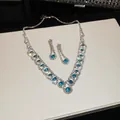 Luxe elegante zilveren sieradenset met blauwe stenen en briljante kristalletjes. - Zeeblauwe Zirconia Ketting & Oorbellen Set (69#) / Zilver-Blauw