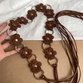Bohemian style brown suede flower waist chain with metal rings and fringe ties. - Suede Rivet Flower Style / Coffee
