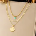 Close-up of vintage gold-plated triple-layer necklace with coin and turquoise pendants - Napoleon III Vintage Coin Three Layer Chain (N4514)