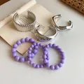 Detailed macro shot of vintage silver metallic bangles and purple beaded bracelet set - 6-Piece Set / 61# Bangle Silver Purple