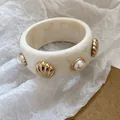 Vintage wide cream acrylic bangle decorated with gold seashell charms and faux pearls - Marble Pattern Shell Pearl Style / 17# Bangle Cream