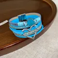 Vintage style multilayer blue leather bracelet featuring a silver heart charm and turquoise stone - Blue Magnetic Clasp Layered Style / 49# Bracelet Blue