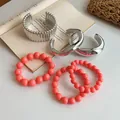 Vintage style silver metallic cuffs and coral pink beaded bracelets set - 6-Piece Set / 58# Bangle Silver Pink