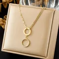Gold plated double ring necklace with sparkling crystals on minimalist chain - Double Ring Rhinestone Asymmetric Chain (N4511)