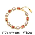 Elegante vintage roestvrijstalen armband met vierkante roze en rode zirkonia steentjes - 170mm*8mm+3cm / Roze-Oranje Tweekleurige Stijl (KB216316-CAJY)