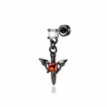Dark gothic wing cross earring with red and white zircon stones in black metal finish - Demon Wing Sword Ear Stud (A1531-4) / Single Piece / Black and Red